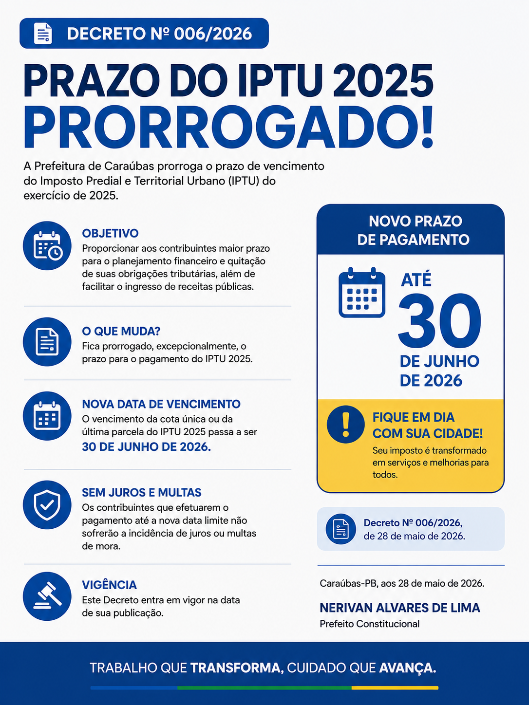 Prefeitura de Caraúbas prorroga prazo para pagamento do IPTU 2025 até 30 de junho