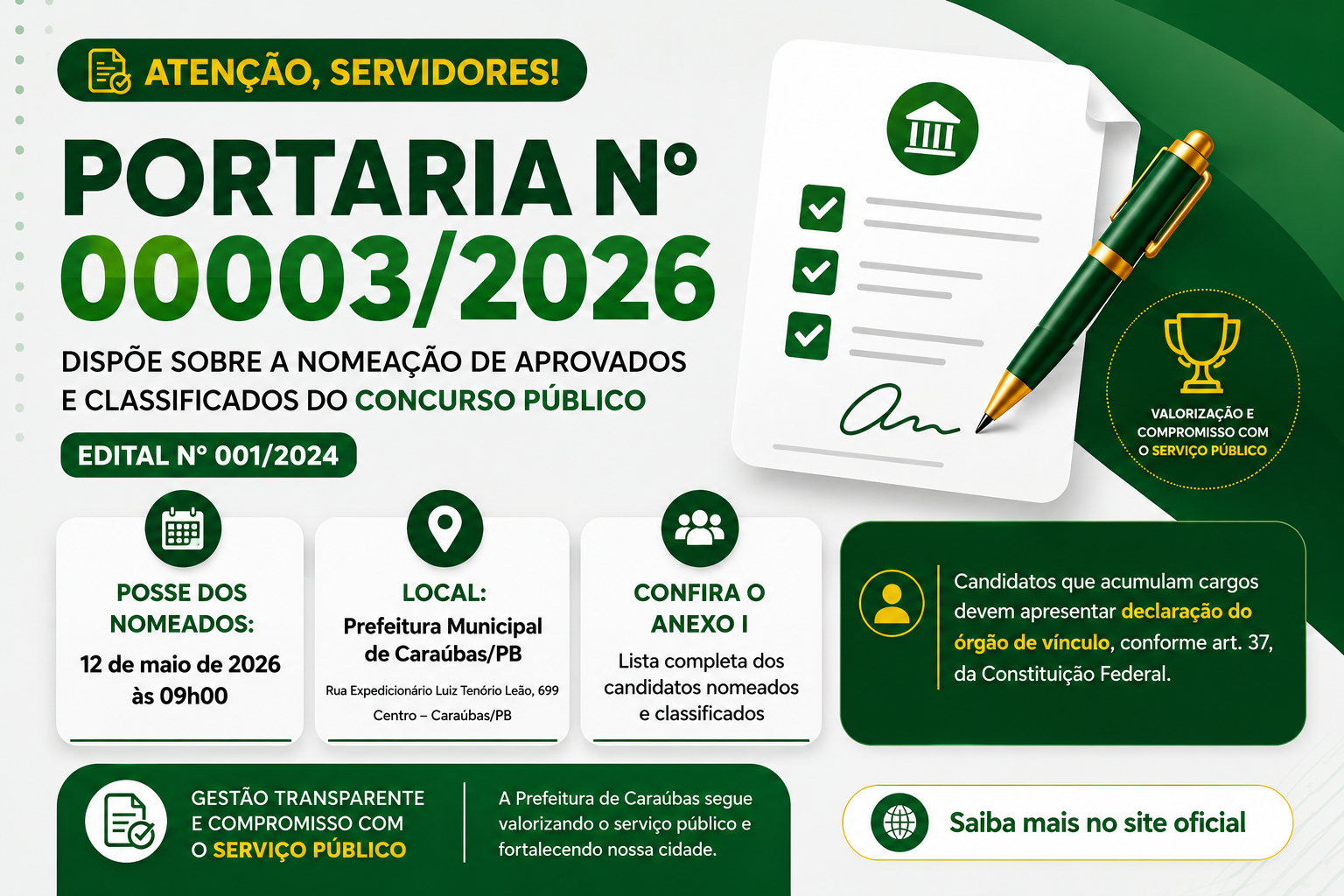 Prefeitura de Caraúbas Nomeia Aprovados no Concurso Público 2024