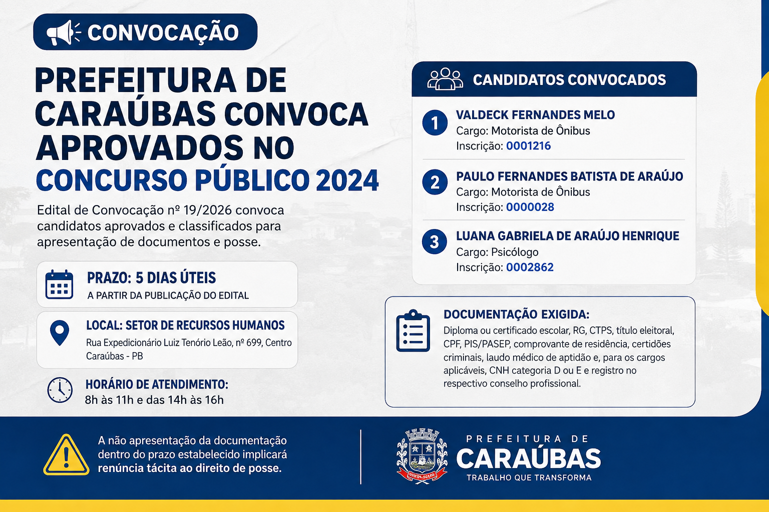 Prefeitura de Caraúbas convoca aprovados no Concurso Público 2024 para apresentação de documentos