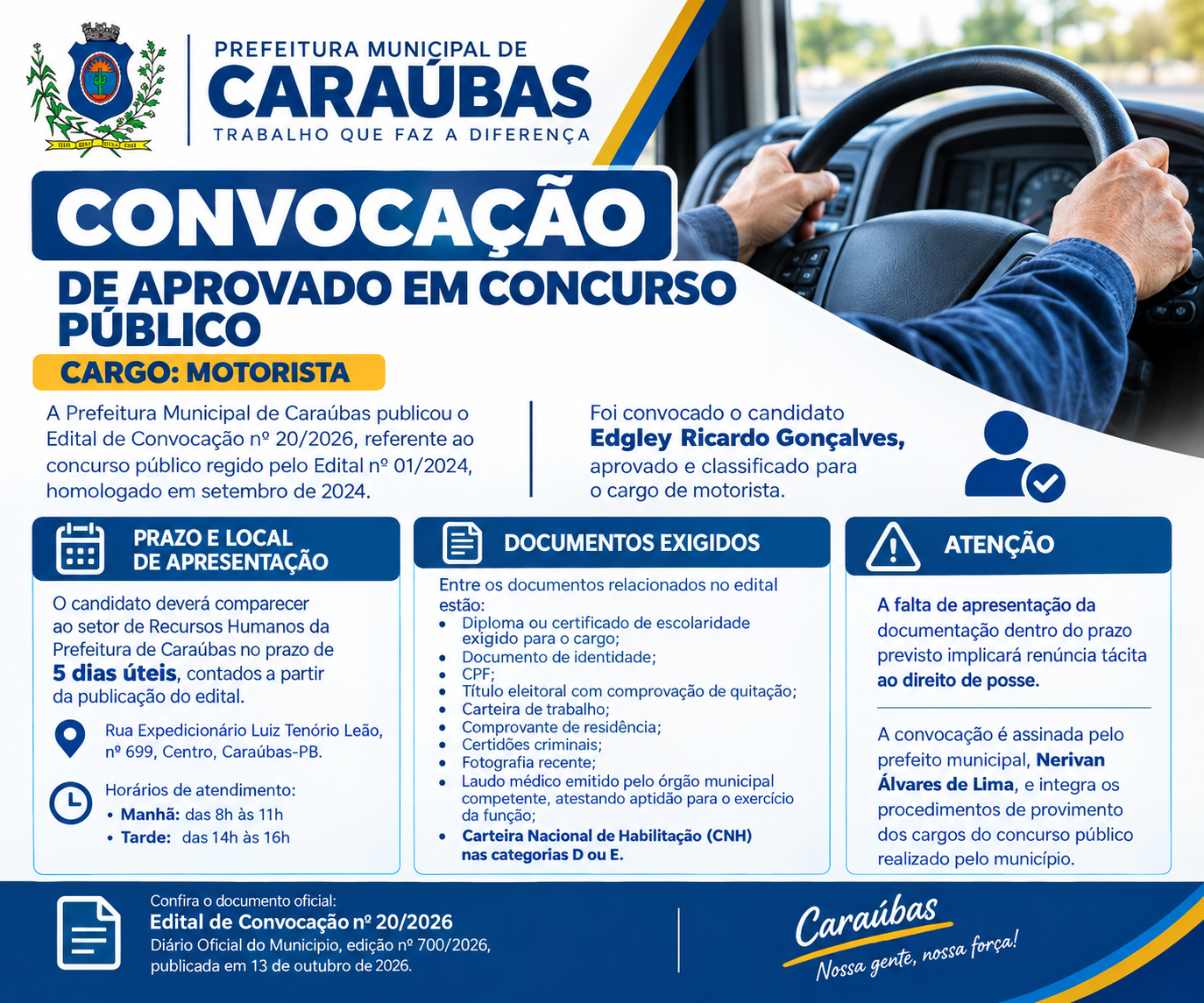 Prefeitura de Caraúbas convoca aprovado em concurso público para o cargo de motorista